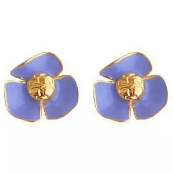 🆕 Tory Burch Authentic Small Purple Resin Fleur & Gold Tone Logo Stud Earrings - Picture 3 of 8